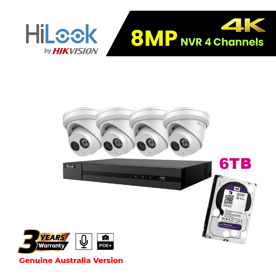 8MP 4K HiLook ColorVu IP POE CCTV Kit With 4 Cameras, Built-in